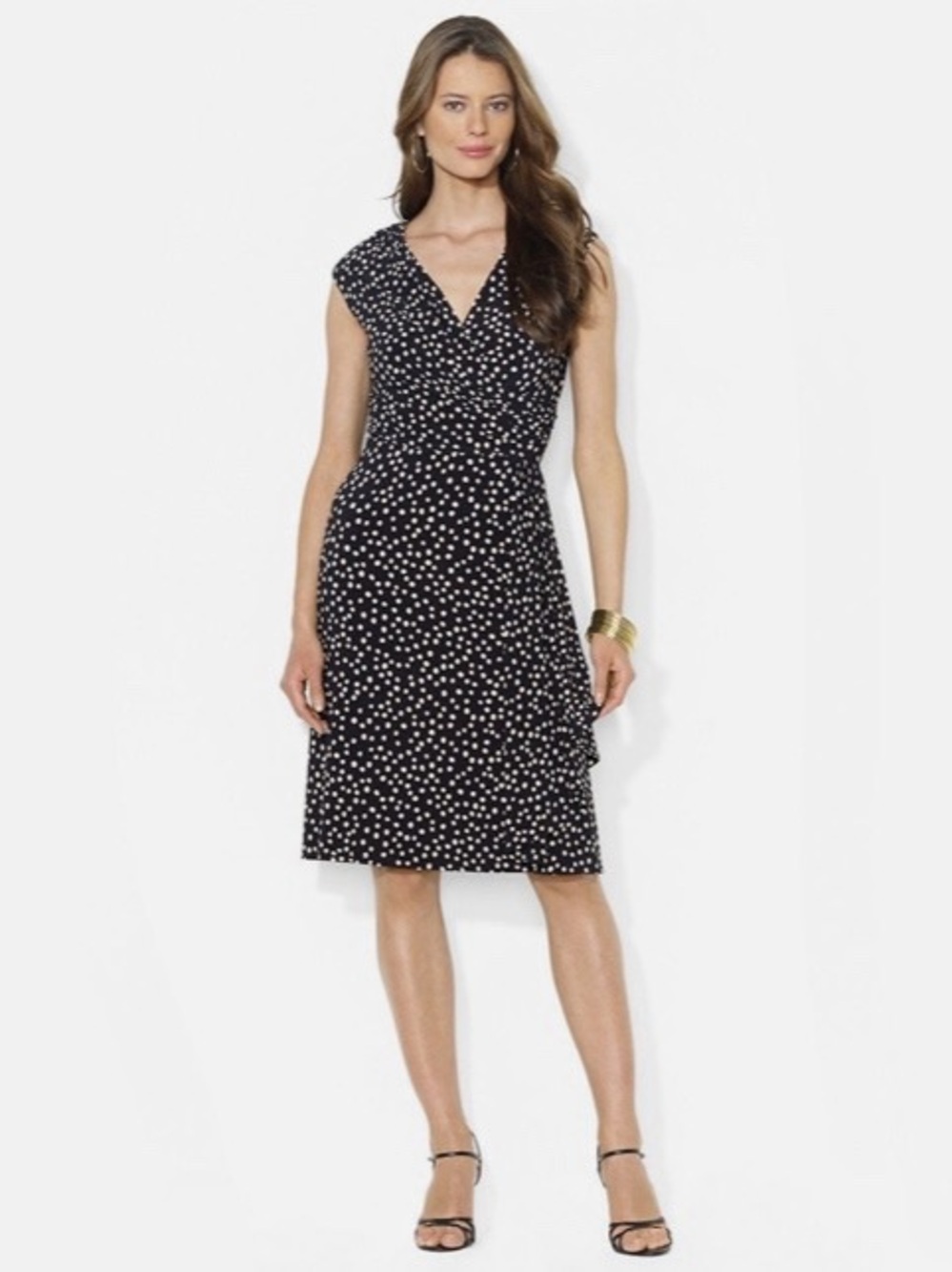 Ralph Lauren Draped Jersey Dress Size 16W Black Polka Dots V-Neck Short Sleeves